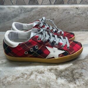 Golden Goose Red Plaid Sneakers with Silver Laces